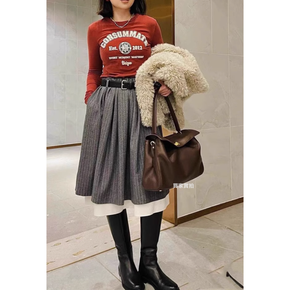 25春。法式赫本風 復古文藝撞色條紋 雙層拼接中長款高腰半身裙傘裙-Euphoria Store-細節圖11