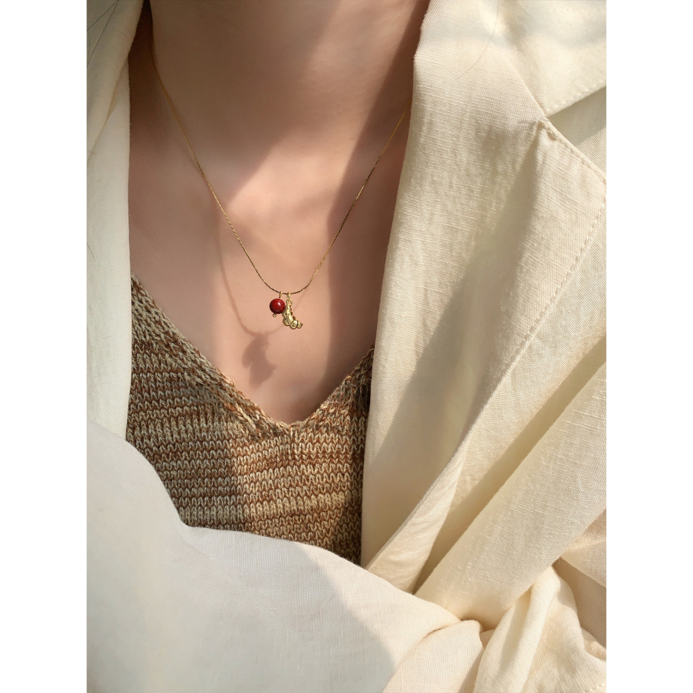 原創設計。小眾設計師 酒紅圓珠瑪瑙vs鍍18K金牛角麵包吊墜短項鏈-Euphoria Store-細節圖3