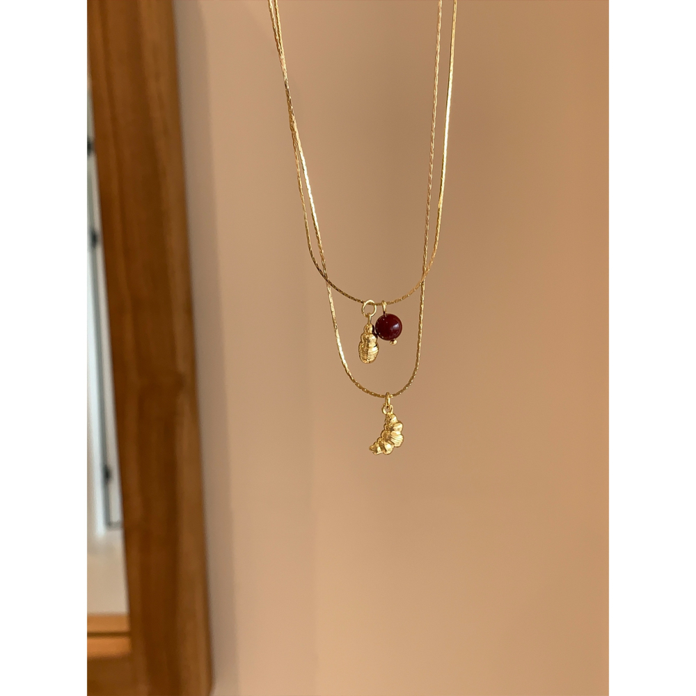 原創設計。小眾設計師 酒紅圓珠瑪瑙vs鍍18K金牛角麵包吊墜短項鏈-Euphoria Store-細節圖6