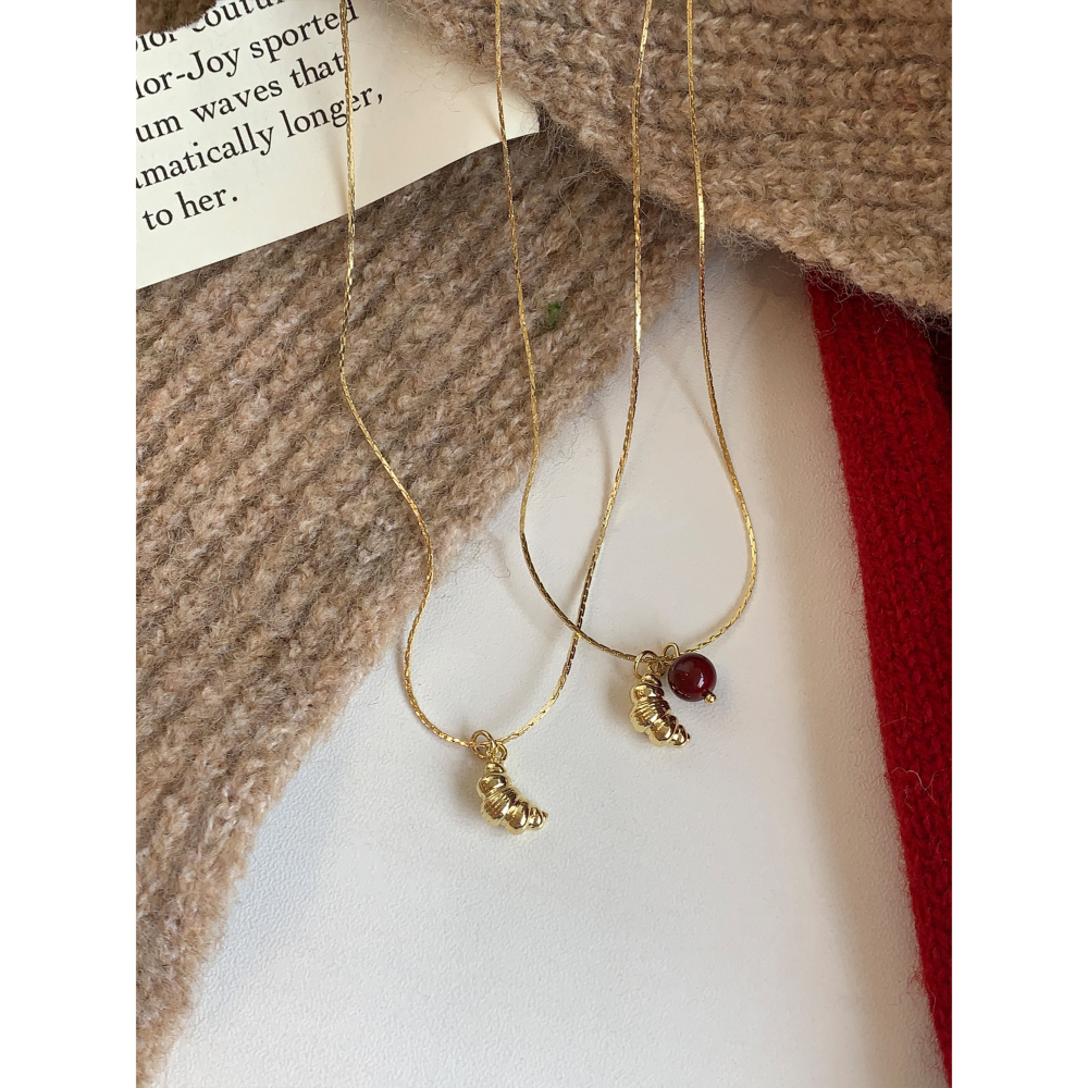 原創設計。小眾設計師 酒紅圓珠瑪瑙vs鍍18K金牛角麵包吊墜短項鏈-Euphoria Store-細節圖7