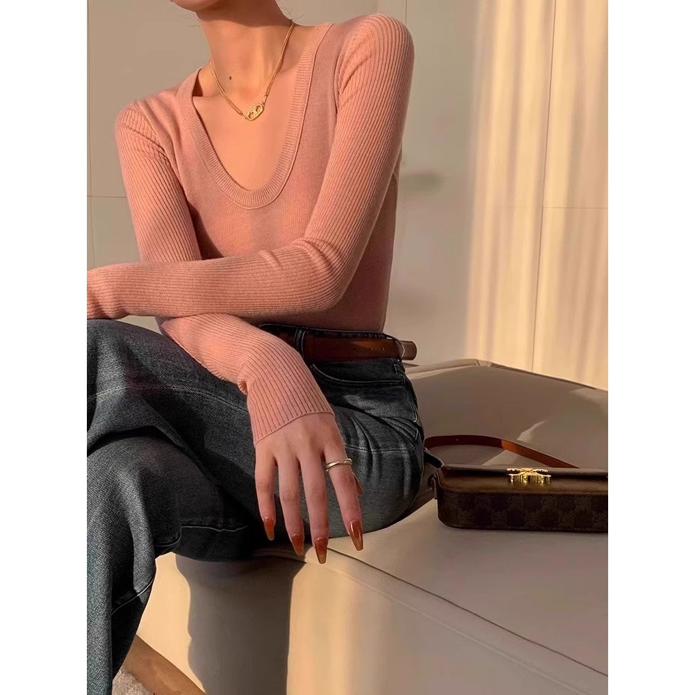 25春。店主私著。極簡氣質百搭 大U領修身單穿打底細針織長袖毛衣上衣-Euphoria Store-規格圖9