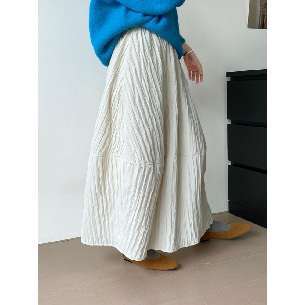 冬。日系三宅風 梨型身材超友好的 藏肉顯瘦純色高腰條紋縫線花苞裙半身裙燈籠裙-Euphoria Store-細節圖2