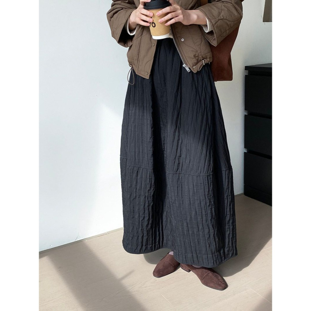 冬。日系三宅風 梨型身材超友好的 藏肉顯瘦純色高腰條紋縫線花苞裙半身裙燈籠裙-Euphoria Store-細節圖3