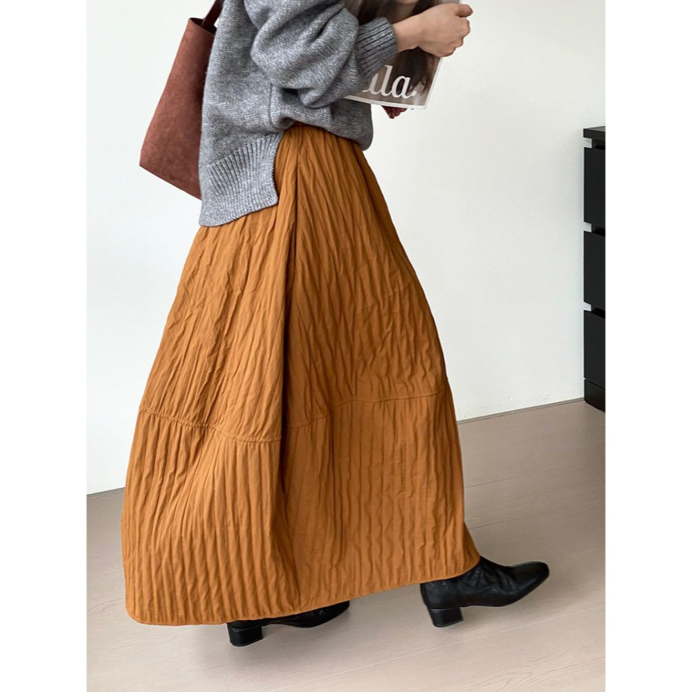 冬。日系三宅風 梨型身材超友好的 藏肉顯瘦純色高腰條紋縫線花苞裙半身裙燈籠裙-Euphoria Store-細節圖4