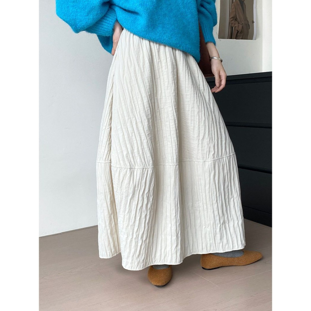 冬。日系三宅風 梨型身材超友好的 藏肉顯瘦純色高腰條紋縫線花苞裙半身裙燈籠裙-Euphoria Store-細節圖6