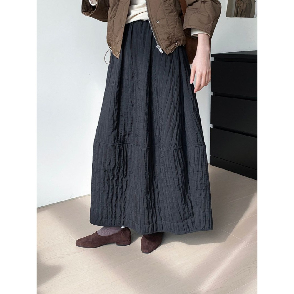 冬。日系三宅風 梨型身材超友好的 藏肉顯瘦純色高腰條紋縫線花苞裙半身裙燈籠裙-Euphoria Store-細節圖8