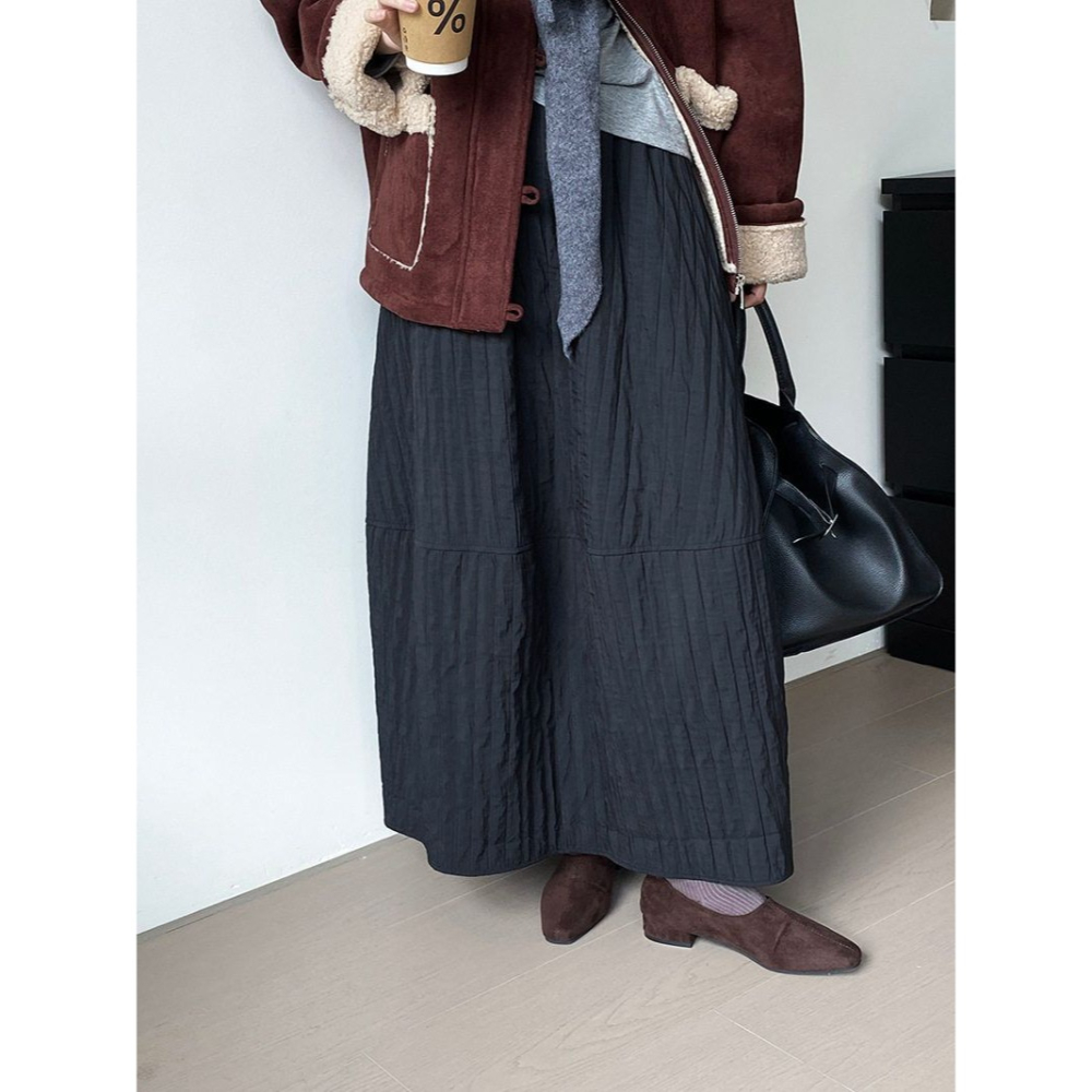 冬。日系三宅風 梨型身材超友好的 藏肉顯瘦純色高腰條紋縫線花苞裙半身裙燈籠裙-Euphoria Store-細節圖9