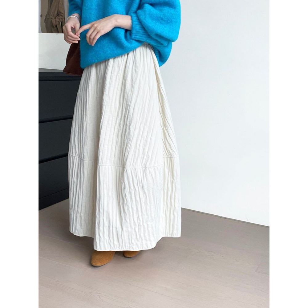 冬。日系三宅風 梨型身材超友好的 藏肉顯瘦純色高腰條紋縫線花苞裙半身裙燈籠裙-Euphoria Store-細節圖11