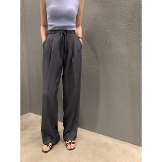 秋。店主自留 韓chic復古小眾 顯瘦壓褶設計 高腰繫帶垂感佳直筒長褲西裝褲拖地褲-Euphoria Store-細節圖2