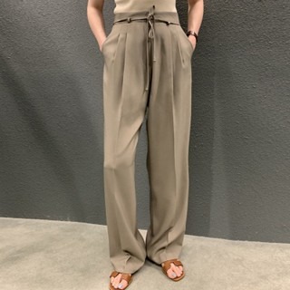 秋。店主自留 韓chic復古小眾 顯瘦壓褶設計 高腰繫帶垂感佳直筒長褲西裝褲拖地褲-Euphoria Store-規格圖9