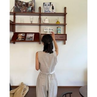 韓系。小眾冷淡風 撞色圓領拼接花邊無袖背心襯衫+高腰壓褶闊腿長褲套裝組-Euphoria Store-細節圖6