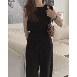 夏。韓系chic 棉麻知性氣質小圓領後背單排釦無袖背心上衣+ 高腰打折直筒長褲寬口褲套裝-Euphoria Store-細節圖4