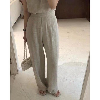 夏。韓系chic 棉麻知性氣質小圓領後背單排釦無袖背心上衣+ 高腰打折直筒長褲寬口褲套裝-Euphoria Store-細節圖6