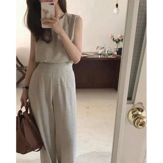 夏。韓系chic 棉麻知性氣質小圓領後背單排釦無袖背心上衣+ 高腰打折直筒長褲寬口褲套裝-Euphoria Store-細節圖7