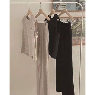 夏。韓系chic 棉麻知性氣質小圓領後背單排釦無袖背心上衣+ 高腰打折直筒長褲寬口褲套裝-Euphoria Store-細節圖8