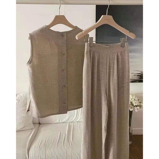 夏。韓系chic 棉麻知性氣質小圓領後背單排釦無袖背心上衣+ 高腰打折直筒長褲寬口褲套裝-Euphoria Store-細節圖9