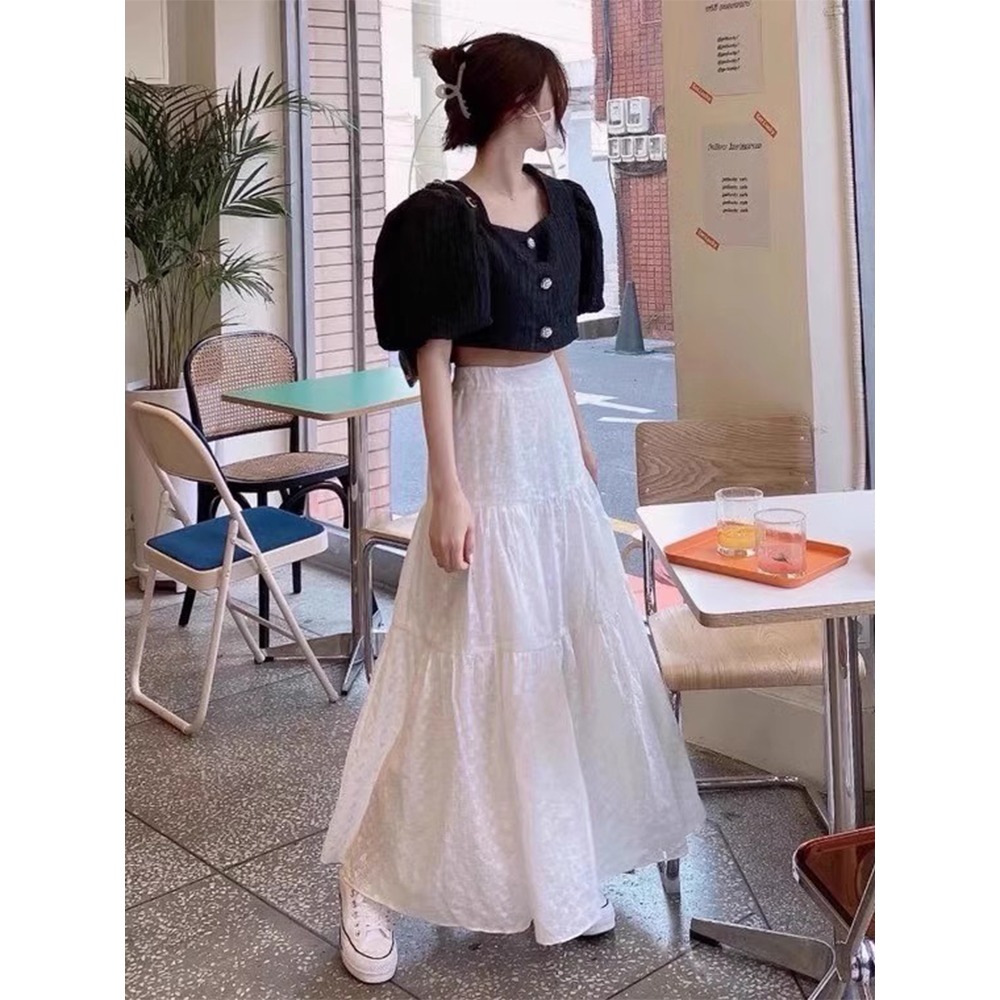 夏。韓chic 都該來一件 氣質百搭不悶熱 精緻刺繡緹花設計 高腰A字半身裙長裙白裙-Euphoria Store-細節圖2