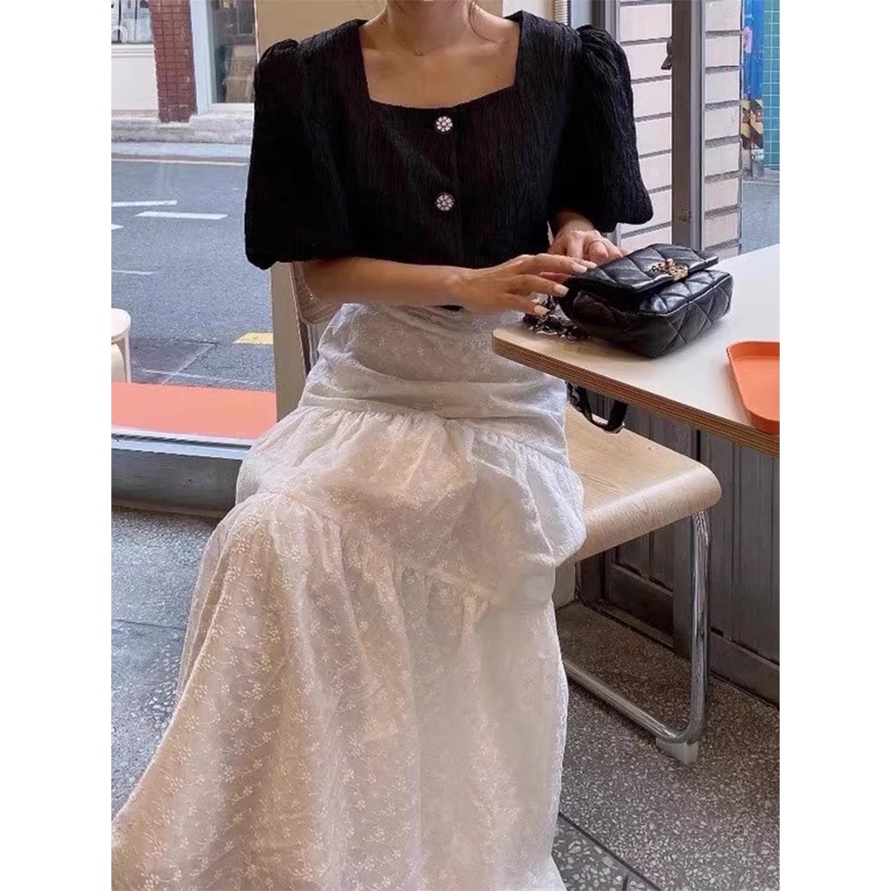 夏。韓chic 都該來一件 氣質百搭不悶熱 精緻刺繡緹花設計 高腰A字半身裙長裙白裙-Euphoria Store-細節圖3