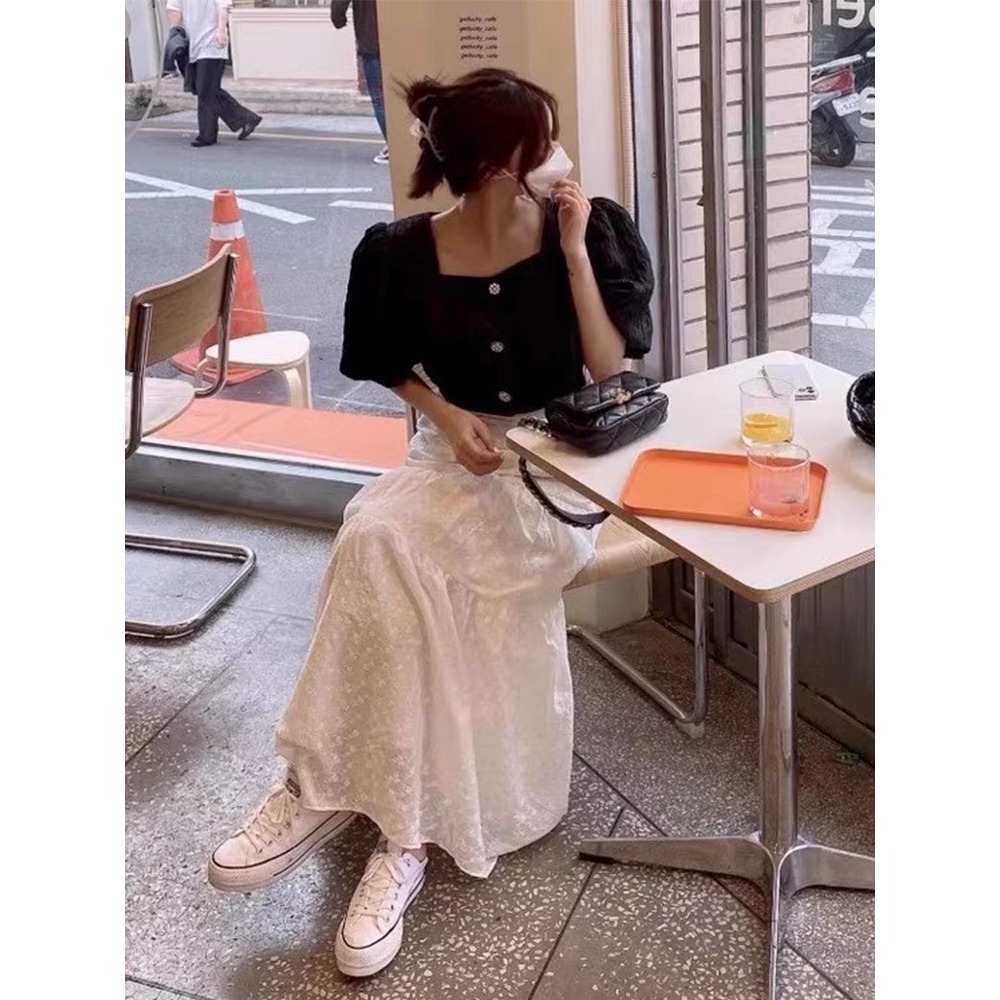 夏。韓chic 都該來一件 氣質百搭不悶熱 精緻刺繡緹花設計 高腰A字半身裙長裙白裙-Euphoria Store-細節圖4