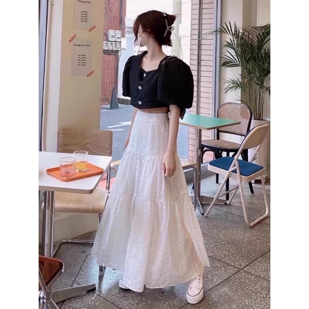 夏。韓chic 都該來一件 氣質百搭不悶熱 精緻刺繡緹花設計 高腰A字半身裙長裙白裙-Euphoria Store-細節圖5