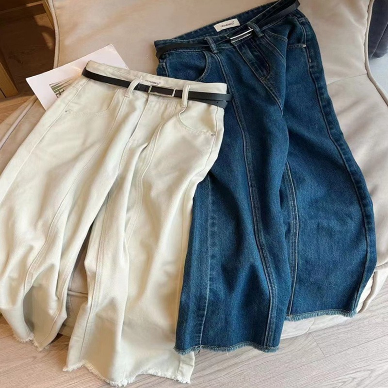 四季。韓版時尚百搭 好版型 寬鬆顯瘦無彈水洗牛仔毛邊九分褲牛仔褲寬口褲-Euphoria Store-細節圖2