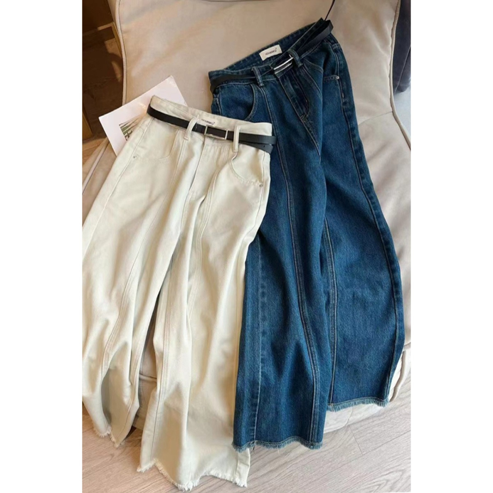 四季。韓版時尚百搭 好版型 寬鬆顯瘦無彈水洗牛仔毛邊九分褲牛仔褲寬口褲-Euphoria Store-細節圖3