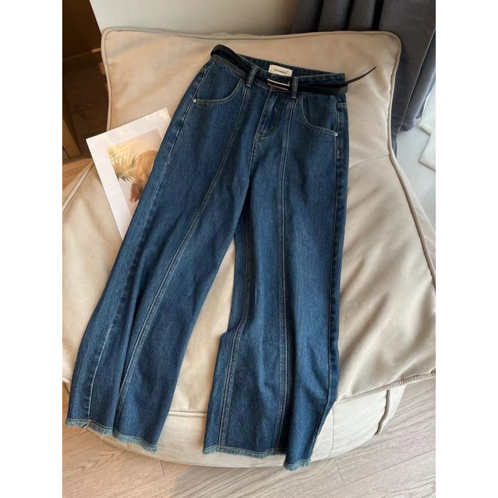 四季。韓版時尚百搭 好版型 寬鬆顯瘦無彈水洗牛仔毛邊九分褲牛仔褲寬口褲-Euphoria Store-規格圖5