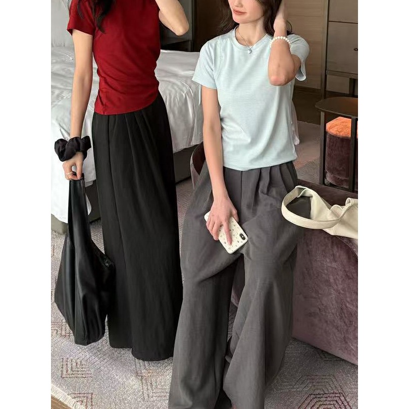 店主私著。自帶無敵鬆弛感 慵懶輕盈舒適 透氣不悶熱 高腰鬆緊腰打折A字長褲褲裙-Euphoria Store-細節圖2