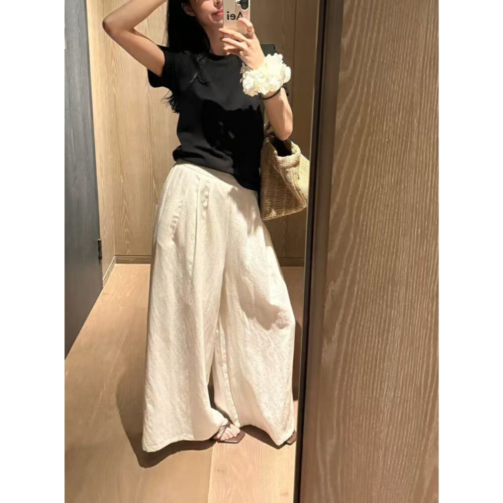 店主私著。自帶無敵鬆弛感 慵懶輕盈舒適 透氣不悶熱 高腰鬆緊腰打折A字長褲褲裙-Euphoria Store-細節圖6