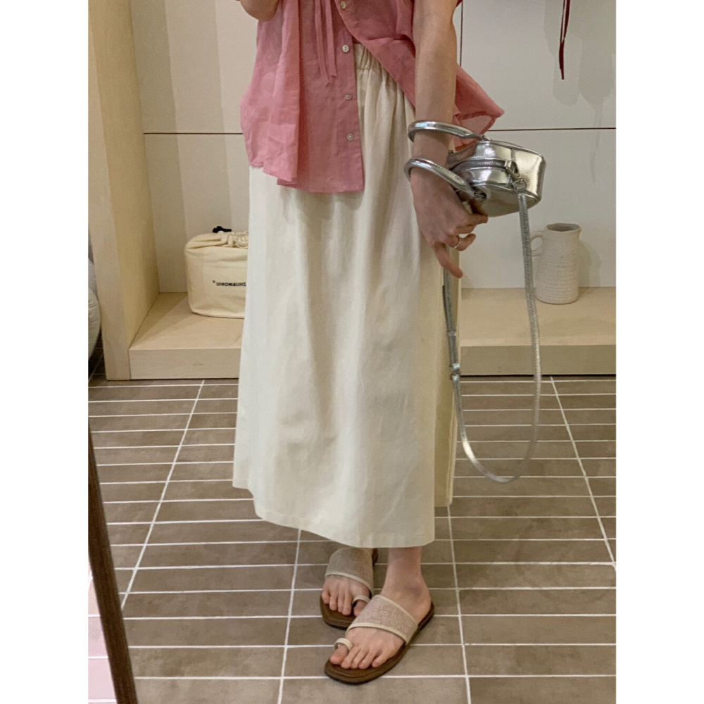 夏。韓chic 繽紛夏日 顯瘦遮跨 多色純色棉麻高腰A字後開叉半身裙直筒裙長裙-Euphoria Store-細節圖5