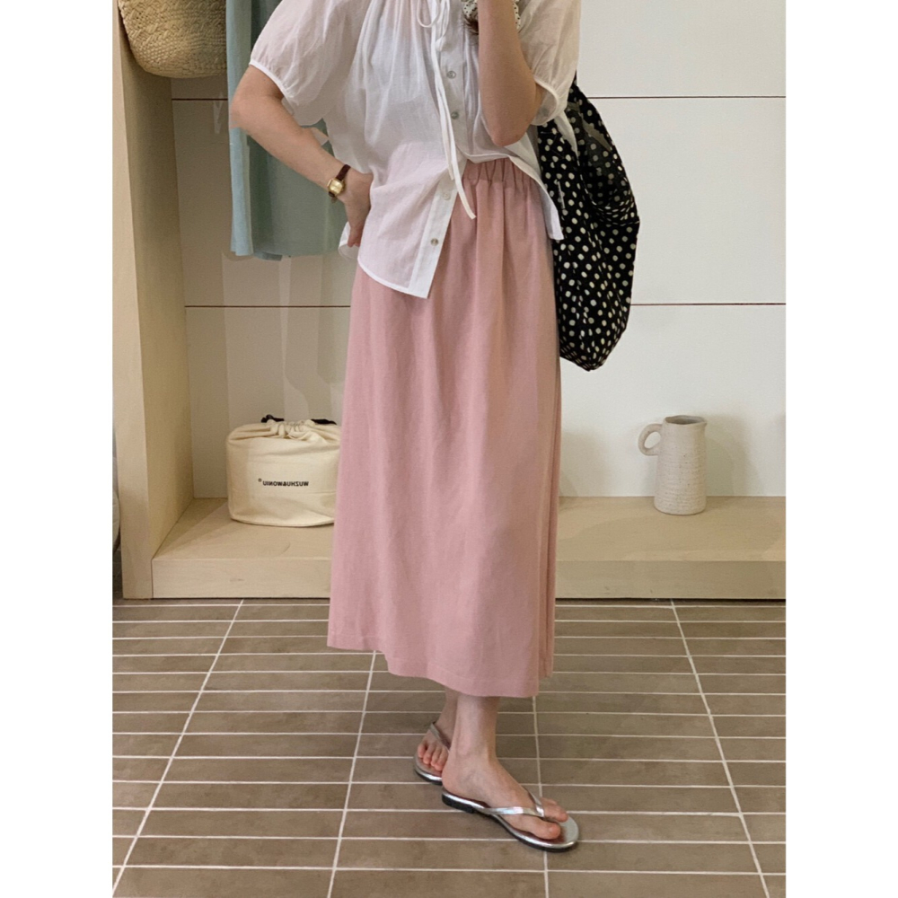 夏。韓chic 繽紛夏日 顯瘦遮跨 多色純色棉麻高腰A字後開叉半身裙直筒裙長裙-Euphoria Store-細節圖8