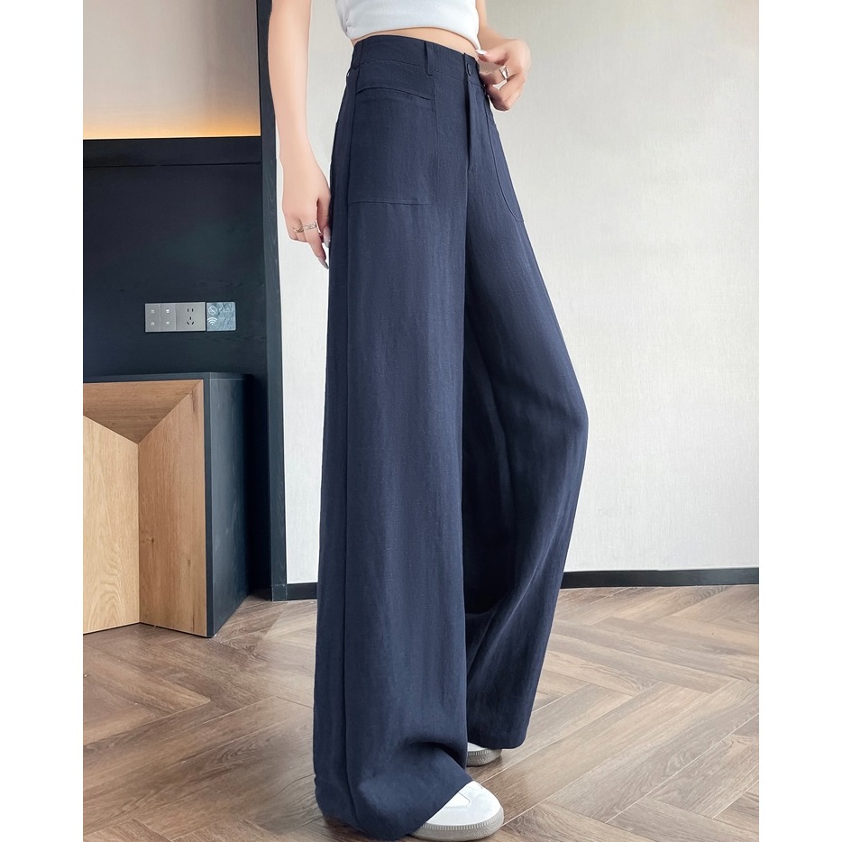 夏。自帶一點小正式 有垂感的純色高腰透氣亞麻棉長褲直筒褲闊腿褲-Euphoria Store-細節圖2