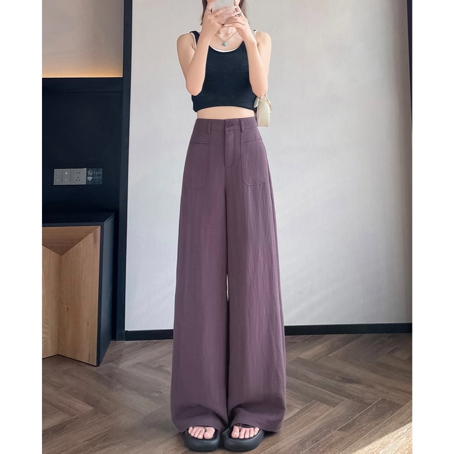 夏。自帶一點小正式 有垂感的純色高腰透氣亞麻棉長褲直筒褲闊腿褲-Euphoria Store-細節圖3