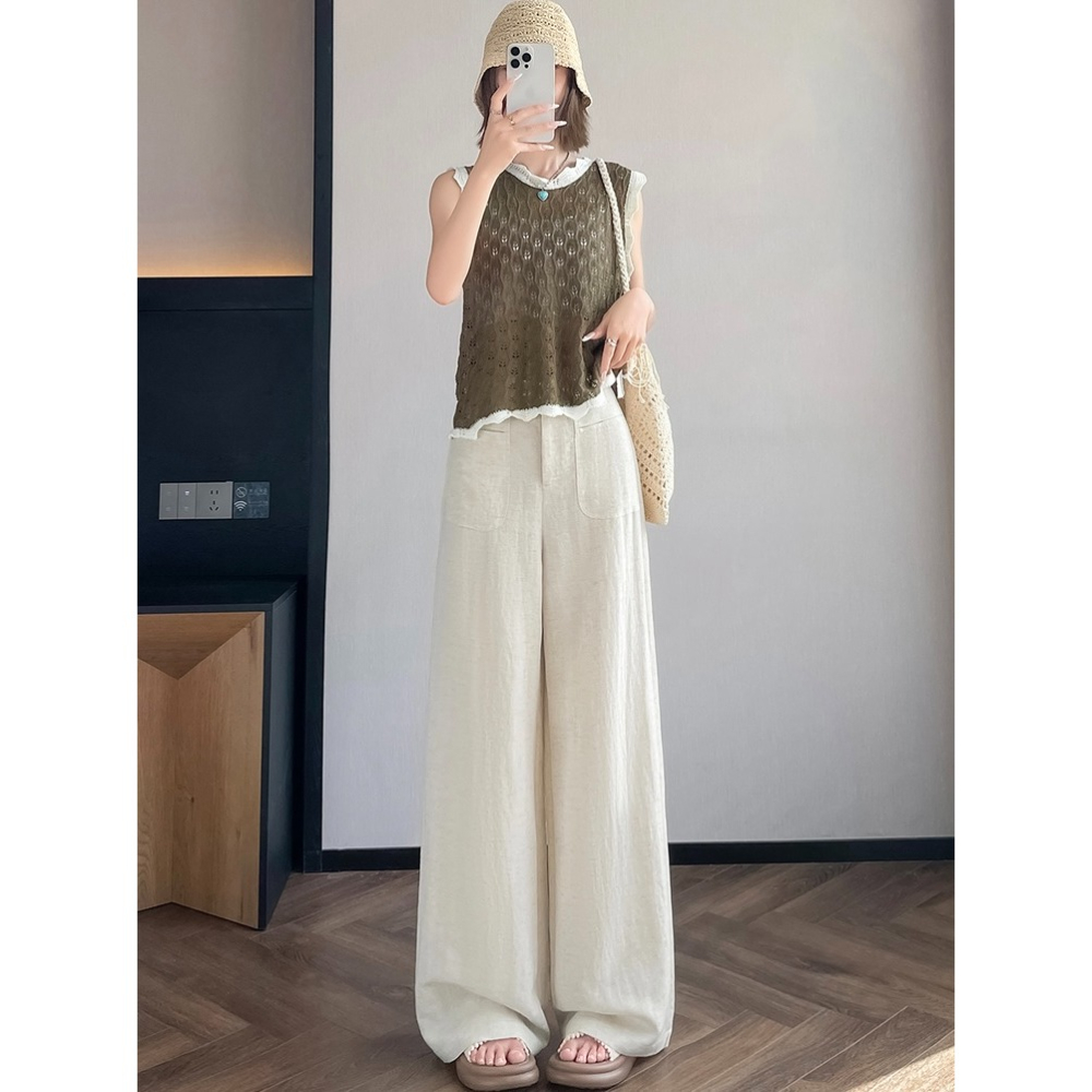夏。自帶一點小正式 有垂感的純色高腰透氣亞麻棉長褲直筒褲闊腿褲-Euphoria Store-細節圖5