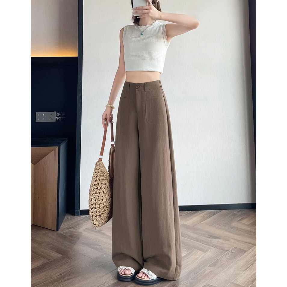 夏。自帶一點小正式 有垂感的純色高腰透氣亞麻棉長褲直筒褲闊腿褲-Euphoria Store-細節圖6