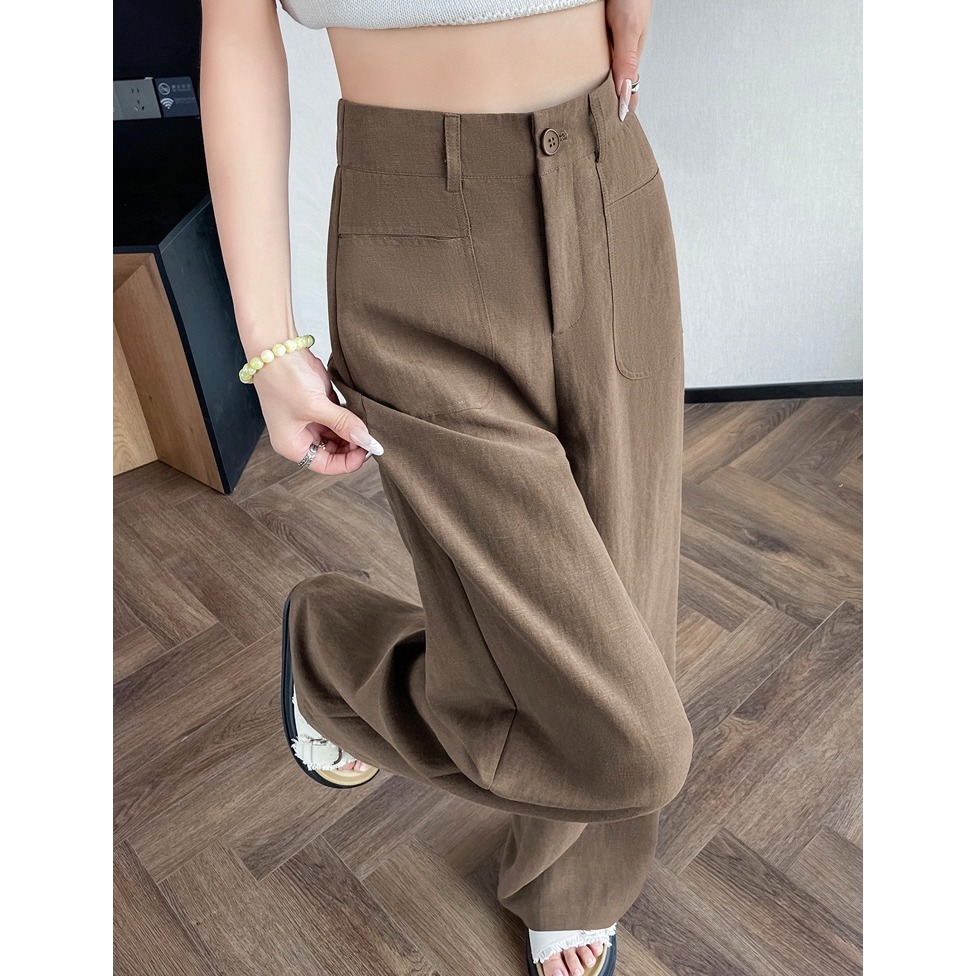 夏。自帶一點小正式 有垂感的純色高腰透氣亞麻棉長褲直筒褲闊腿褲-Euphoria Store-細節圖7
