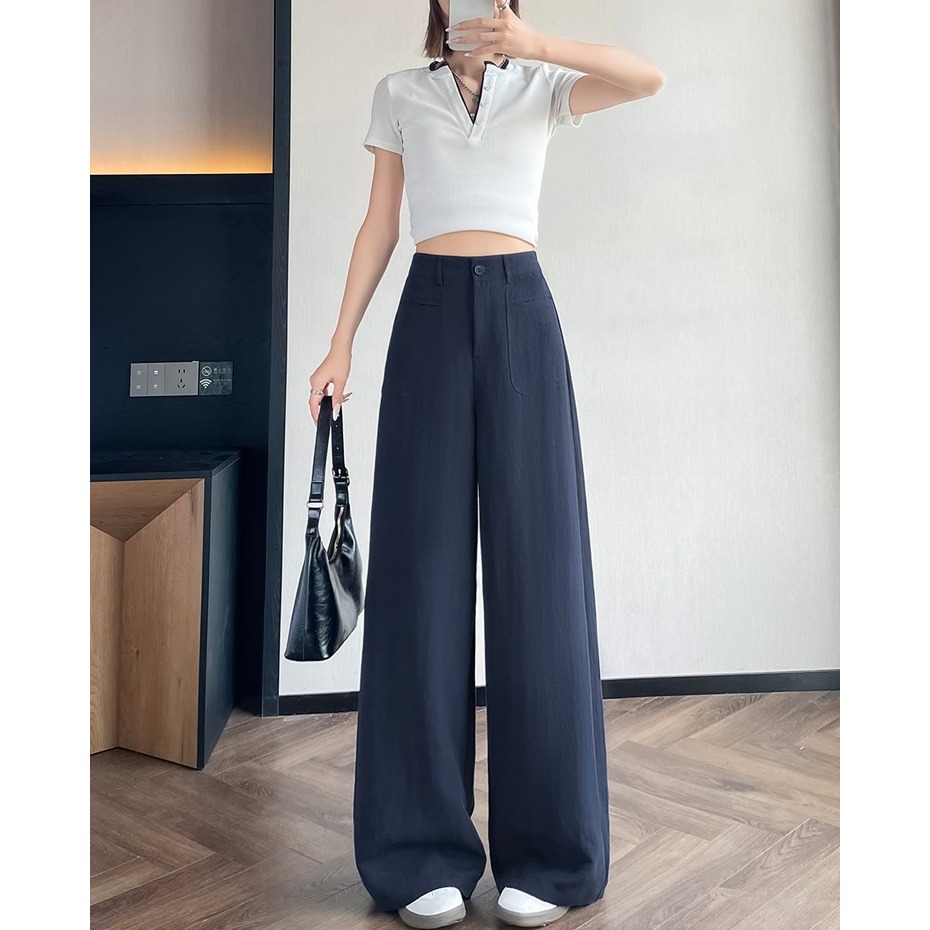 夏。自帶一點小正式 有垂感的純色高腰透氣亞麻棉長褲直筒褲闊腿褲-Euphoria Store-細節圖8