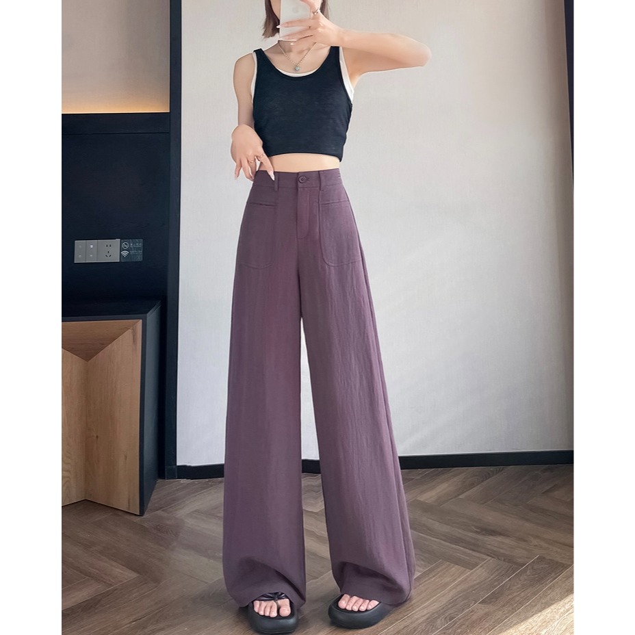 夏。自帶一點小正式 有垂感的純色高腰透氣亞麻棉長褲直筒褲闊腿褲-Euphoria Store-規格圖10