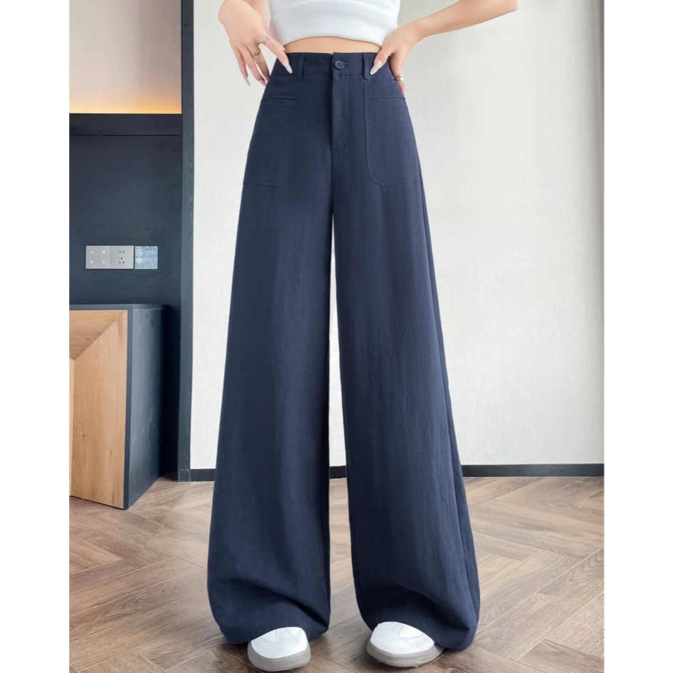 夏。自帶一點小正式 有垂感的純色高腰透氣亞麻棉長褲直筒褲闊腿褲-Euphoria Store-規格圖10