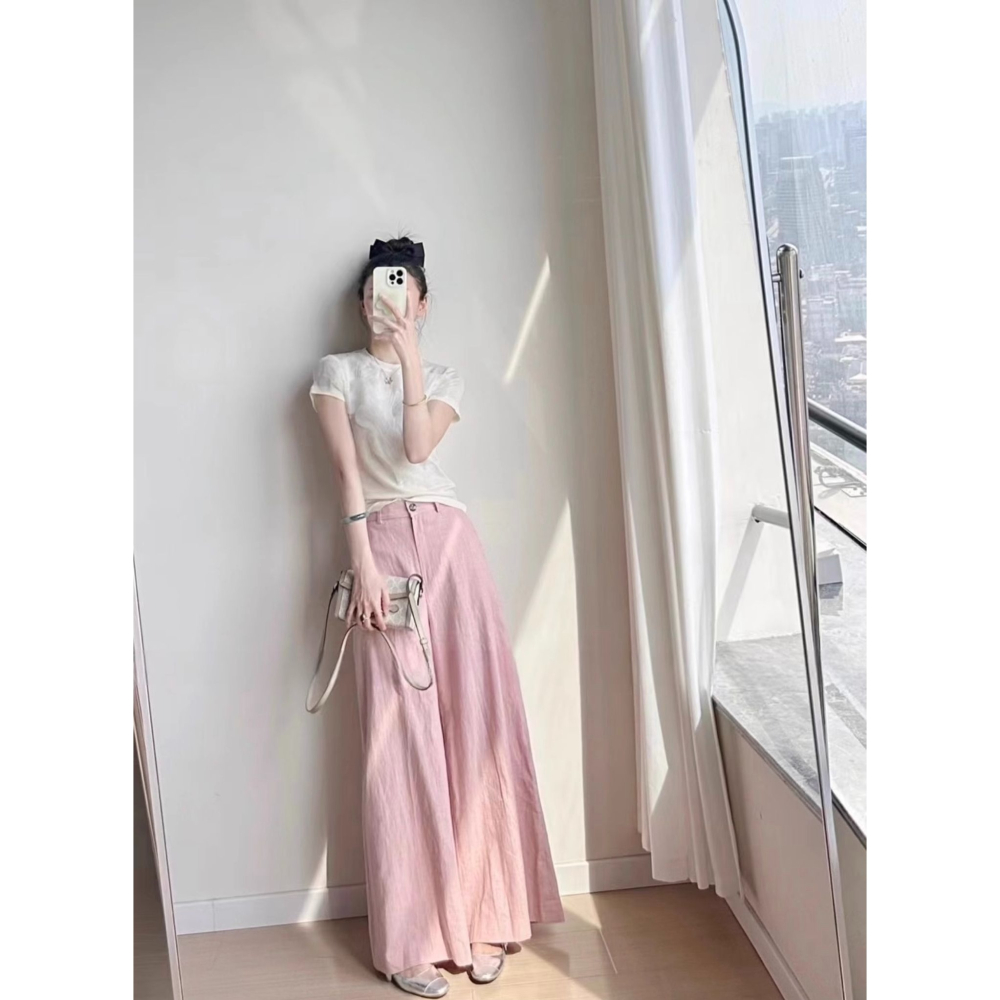 夏。簡約氣質 小眾設計立體花瓣🌺圓領修身短袖T恤上衣+寬鬆顯瘦高腰粉色微喇叭棉麻長褲闊腿褲-Euphoria Stor-細節圖2