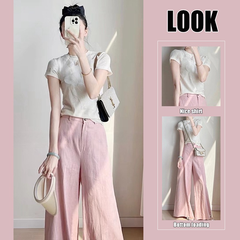 夏。簡約氣質 小眾設計立體花瓣🌺圓領修身短袖T恤上衣+寬鬆顯瘦高腰粉色微喇叭棉麻長褲闊腿褲-Euphoria Stor-細節圖3