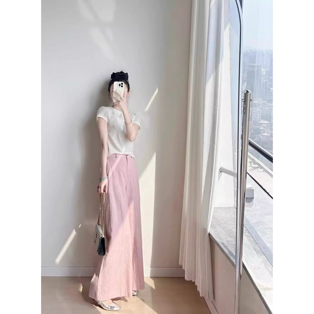 夏。簡約氣質 小眾設計立體花瓣🌺圓領修身短袖T恤上衣+寬鬆顯瘦高腰粉色微喇叭棉麻長褲闊腿褲-Euphoria Stor-細節圖4
