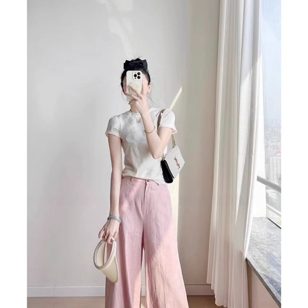 夏。簡約氣質 小眾設計立體花瓣🌺圓領修身短袖T恤上衣+寬鬆顯瘦高腰粉色微喇叭棉麻長褲闊腿褲-Euphoria Stor-細節圖5