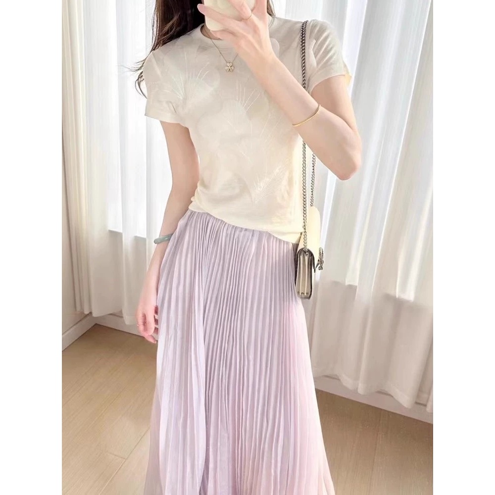 夏。簡約氣質 小眾設計立體花瓣🌺圓領修身短袖T恤上衣+寬鬆顯瘦高腰粉色微喇叭棉麻長褲闊腿褲-Euphoria Stor-細節圖6