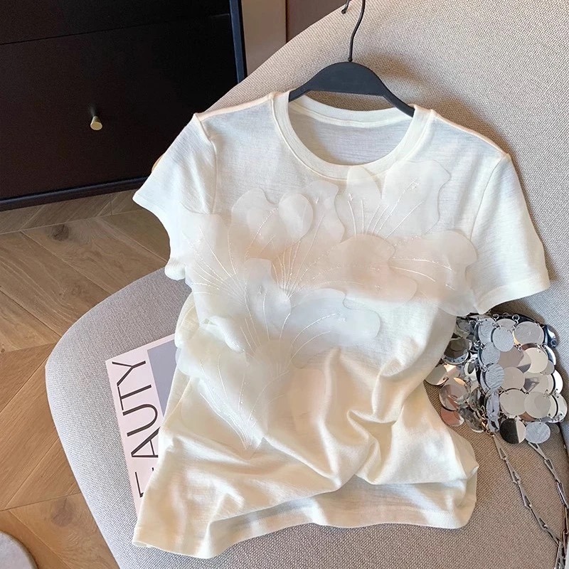 夏。簡約氣質 小眾設計立體花瓣🌺圓領修身短袖T恤上衣+寬鬆顯瘦高腰粉色微喇叭棉麻長褲闊腿褲-Euphoria Stor-規格圖10