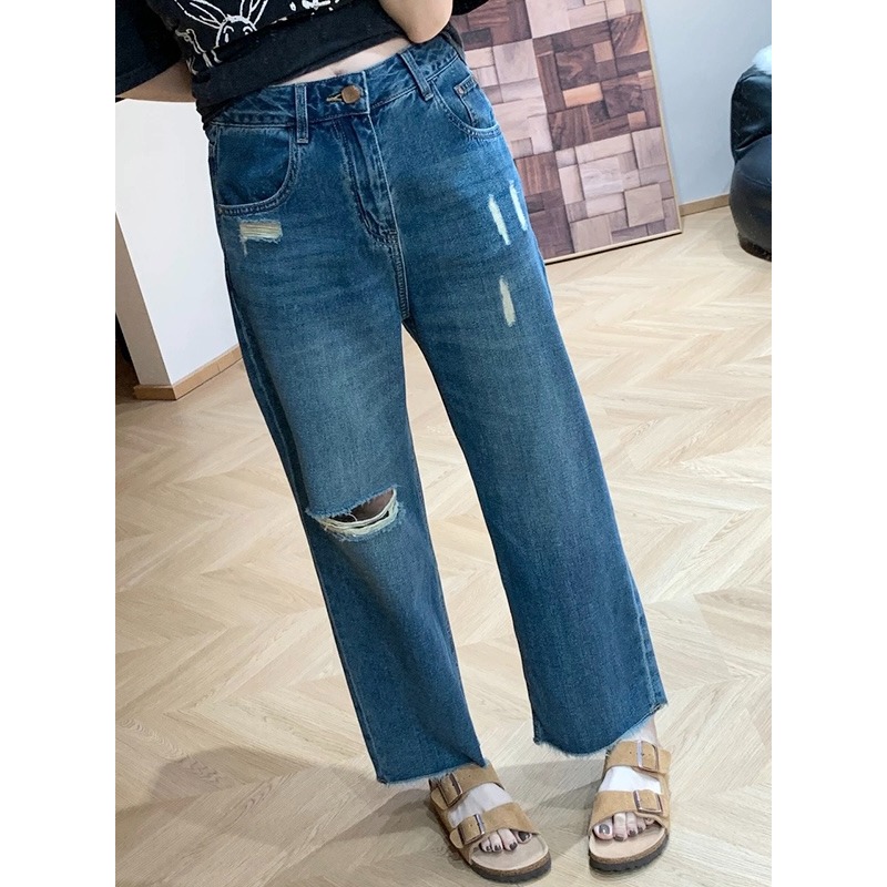 四季。百搭必敗款 梨型身材超友好 寬鬆顯瘦下擺毛邊高腰破洞水洗牛仔九分直筒褲闊腿褲(S-5XL)-Euphoria St-細節圖2