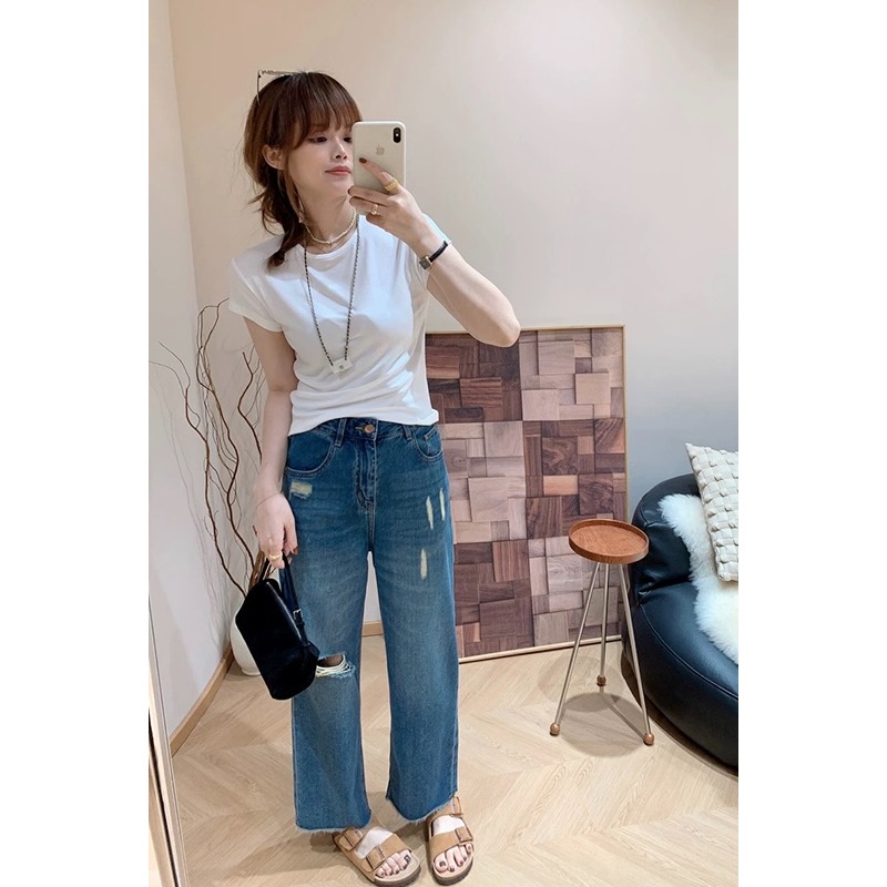 四季。百搭必敗款 梨型身材超友好 寬鬆顯瘦下擺毛邊高腰破洞水洗牛仔九分直筒褲闊腿褲(S-5XL)-Euphoria St-細節圖3