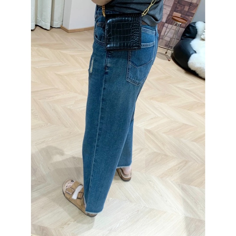 四季。百搭必敗款 梨型身材超友好 寬鬆顯瘦下擺毛邊高腰破洞水洗牛仔九分直筒褲闊腿褲(S-5XL)-Euphoria St-細節圖4