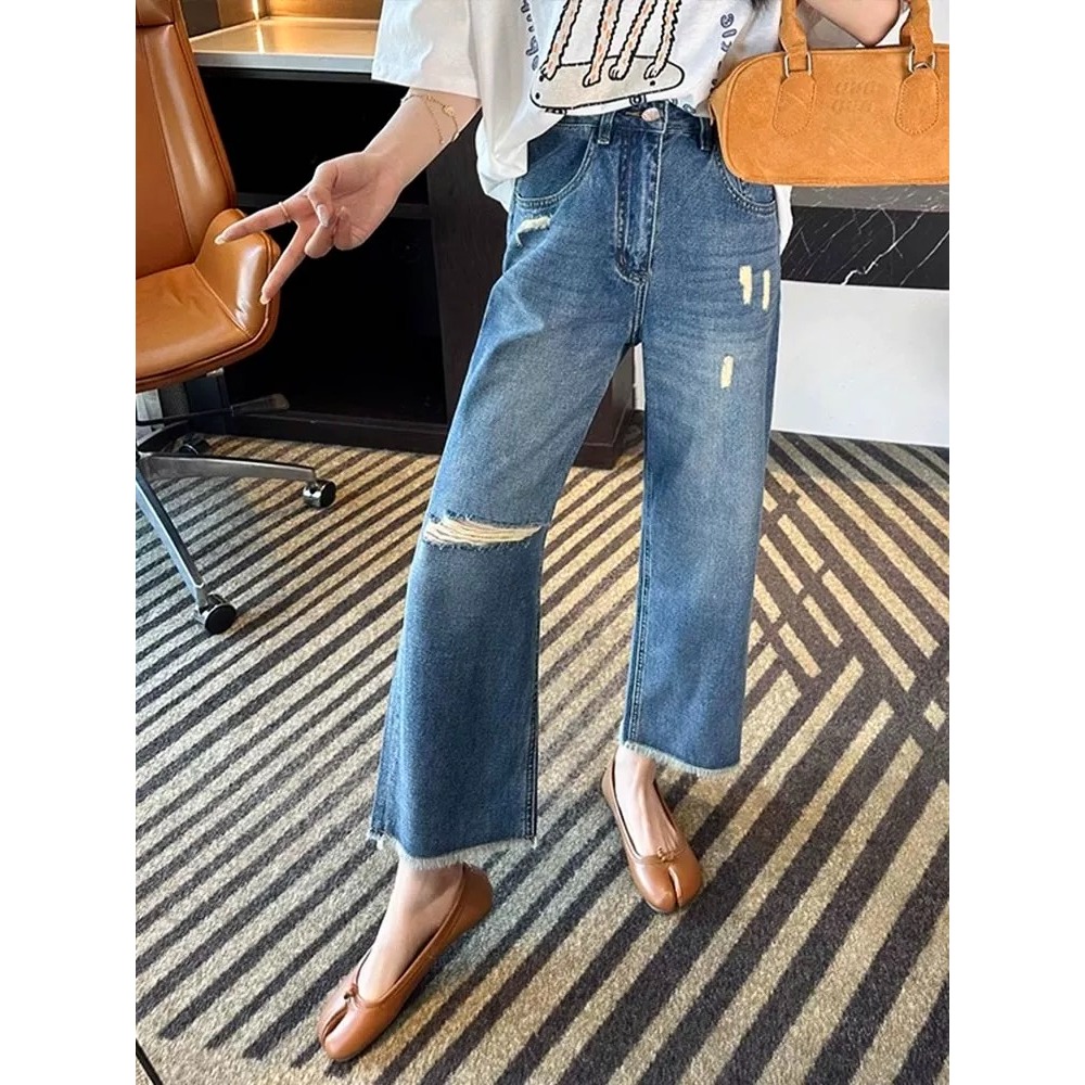 四季。百搭必敗款 梨型身材超友好 寬鬆顯瘦下擺毛邊高腰破洞水洗牛仔九分直筒褲闊腿褲(S-5XL)-Euphoria St-細節圖6
