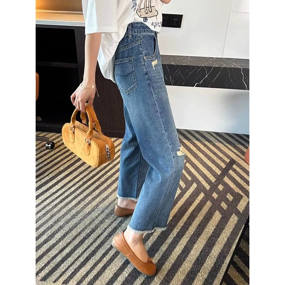 四季。百搭必敗款 梨型身材超友好 寬鬆顯瘦下擺毛邊高腰破洞水洗牛仔九分直筒褲闊腿褲(S-5XL)-Euphoria St-細節圖7